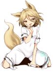  1girl :p animal_ears blush breasts commentary_request covered_navel fox_ears fox_shadow_puppet fox_tail hair_between_eyes hand_up harusame_(unmei_no_ikasumi) holding_test_tube kudamaki_tsukasa light_brown_hair looking_to_the_side romper short_hair short_sleeves simple_background sitting small_breasts solo tail tongue tongue_out touhou vial wariza white_background white_jumpsuit 