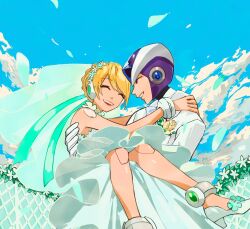  1boy 1girl alia_(mega_man) android bare_shoulders blonde_hair cairngorm999 closed_eyes couple dress gate_(mega_man) happy helmet hetero highres jacket mega_man_(series) mega_man_x6 mega_man_x_(series) outdoors purple_helmet robot_girl suit veil wedding wedding_dress white_jacket white_suit 