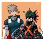  2boys anger_vein bakugou_katsuki bangs belt black_bodysuit blush bodysuit boku_no_hero_academia brown_belt cosplay costume_switch cowboy_shot elbow_gloves explosive eye_mask freckles gloves green_bodysuit green_eyes green_hair grenade grin heart height_difference highres hood hood_down male_focus mask mask_removed midoriya_izuku modo_(modo_s2) multiple_boys orange_background red_eyes smile spiky_hair spoken_anger_vein spoken_heart superhero white_gloves 