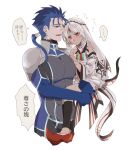  1boy 1girl altera_(fate) armor blue_hair bodysuit carrying clogs cu_chulainn_(fate/extra) dark_skin dark-skinned_female earrings fate/extella fate/extella_link fate/extra fate_(series) jewelry long_hair namahamu_(hmhm_81) pauldrons ponytail red_eyes shoulder_armor size_difference veil white_hair 