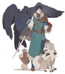  1boy bird black_hair buneary capelet corviknight crossover crying dog felix_hugo_fraldarius fire_emblem fire_emblem:_three_houses full_body fur-trimmed_capelet fur-trimmed_gloves fur_trim gen_4_pokemon gen_7_pokemon gen_8_pokemon gloves highres holding holding_poke_ball long_coat lycanroc lycanroc_(midday) male_focus namahamu_(hmhm_81) older poke_ball pokemon pokemon_(creature) ponytail rabbit standing sword weapon wolf yellow_eyes 