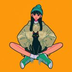  1girl absurdres animal_on_lap aqua_headwear bangs beanie black_cat black_hair cat cat_on_lap full_body green_footwear hands_in_pockets hat highres hood hood_down hoodie long_hair open_mouth orange_background original pink_eyes print_hoodie shoes simple_background sitting socks solo white_legwear yoshi_mi_yoshi 