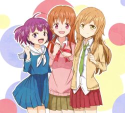 3girls blonde_hair blue_dress blue_sailor_collar brown_eyes brown_hair green_eyes green_necktie green_neckwear happy koufuku_graffiti long_hair looking_ahead machiko_ryou medium_hair morino_kirin multiple_girls necktie neckwear open_mouth orange_shirt pink_shirt purple_hair red_eyes redhead sailor_collar sailor_dress school_uniform shiina_(koufuku_graffiti) shirt uniform violet_eyes white_shirt yellow_shirt yuri