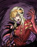  1girl absurdres black_sclera breasts cape claws colored_sclera dress edelgard_von_hresvelg fire_emblem fire_emblem:_three_houses fire_emblem_heroes gloves hair_ornament hegemon_edelgard highres horns long_hair looking_at_viewer monster monster_girl open_mouth red_eyes saiykik simple_background solo white_hair 