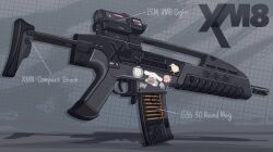  assault_rifle english_text grid_background gun h&amp;k_xm8 highres magazine_(weapon) makiyo_shine no_humans original rifle rifle_cartridge scope shadow sticker weapon weapon_focus weapon_name 