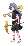  1girl ankle_bow bangs barefoot belly_chain black_shirt black_skirt bow crop_top from_side full_body grey_eyes grin hand_up highres himemushi_momoyo holding holding_pickaxe holding_shovel jewelry long_hair midriff orange_bow over_shoulder parted_bangs pickaxe profile ring shirt short_sleeves shovel silver_hair simple_background skirt skirt_set smile solo speckticuls spiky_hair standing tools touhou white_background wrist_bow 