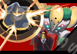  2others absurdres arm_up backlighting black_jacket bright_pupils clenched_hand commentary commission covered_face electricity electrokinesis flower foreshortening formal_clothes gloves glowing glowing_eyes gpaper232 green_eyes grey_eyes hand_up helmet highres hood hood_up index_finger_raised jacket leaning_forward letterboxed long_sleeves multiple_others original other_focus outside_border outstretched_arm pokemon pokemon_(creature) pokemon_move red_background red_eyes red_flower red_rose regigigas rose shirt simple_background standing straight-on suit thunder_punch_(pokemon) watermark white_gloves white_pupils white_shirt yellow_helmet 