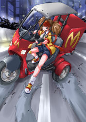 1girl absurdres akira_(manga) akira_slide badge black_eyes black_shorts black_wristband blush breasts brown_hair building button_badge city cityscape closed_mouth commentary delivery double_cheese_(mcdonald's) drifting driving foliage food_delivery_box gauze_on_knee hat headset highres highway light_blush light_smile looking_at_viewer loose_hair_strand mcdonald's medium_breasts medium_hair meme microphone motor_vehicle nao_takami night open_happi outstretched_foot parody pinstripe_pattern pinstripe_shirt red_footwear red_hat red_shirt red_trim road shards shirt short_sleeves shorts skid_mark skyscraper smile socks solo striped_clothes striped_shirt three-wheeler tie_clip twintails velcro_footwear vertical-striped_clothes vertical-striped_shirt visor_cap white_shirt white_socks white_trim windshield yellow_happi