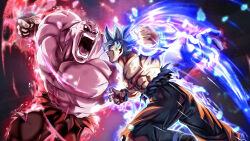  2boys abs alien artist_request bald bare_pectorals battle black_eyes blue_wristband dougi dragon_ball dragon_ball_super dragon_ball_xenoverse fighting gloves grey_eyes grey_hair highres imminent_attack imminent_punch jiren knee_up male_focus multiple_boys muscular muscular_male nipples no_pupils official_art official_wallpaper open_mouth pectorals pride_trooper_uniform short_hair son_goku spiky_hair teeth third-party_source tongue topless_male torn_clothes ultra_instinct veiny_face white_gloves 