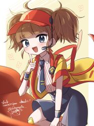  1girl :d absurdres ahoge bandaid bandaid_on_knee bandaid_on_leg black_shorts black_wristband blurry blush brown_hair collared_shirt commission commissioner_upload double_cheese_(mcdonald's) fang grey_eyes hand_up headset highres index_finger_raised jacket leftporygon leg_up logo mcdonald's necktie non-web_source open_clothes open_jacket open_mouth shirt short_sleeves short_twintails shorts smile solo tie_clip twintails visor_cap yellow_background yellow_jacket 