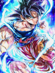  1boy artist_name blood_on_mouth blue_aura blue_eyes blue_shirt blue_wristband blurry clenched_hands closed_mouth commentary_request curtained_hair depth_of_field dragon_ball dragon_ball_super eye_trail highres kamiyama_sumu light_trail lightning male_focus medium_hair muscular muscular_male nose orange_pants pants pectoral_cleavage pectorals purple_background shirt short_sleeves signature solo son_goku spiky_hair torn_clothes torn_pants torn_shirt ultra_instinct 