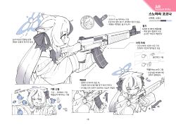  1girl absurdres animal_ears assault_rifle blue_archive blue_halo candy flukhan food gun halo highres holding holding_gun holding_weapon kokona_(blue_archive) korean_text qbz-03 reference_sheet reloading rifle tiger_ears weapon weapon_focus 