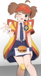  1girl ;d ahoge akacolor bandaid bandaid_on_knee bandaid_on_leg black_shorts blush brown_hair burger collared_shirt commentary_request double_cheese_(mcdonald's) food hand_up headset highres jacket knees looking_at_viewer mcdonald's necktie one_eye_closed open_clothes open_jacket open_mouth shirt short_sleeves short_twintails shorts sitting smile solo striped_clothes striped_shirt tie_clip twintails vertical-striped_clothes vertical-striped_shirt visor_cap wristband yellow_jacket 