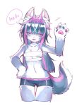  1girl :3 ^_^ animal_ear_fluff animal_ears animal_nose aqua_hair bare_shoulders blue_fur blue_shorts body_fur chinese_commentary claws closed_eyes commentary_request cowboy_shot english_commentary english_text eyebrows_visible_through_hair facing_viewer flat_chest fox_ears fox_girl fox_tail furry hand_on_hip hand_up happy head_tilt jpeg_artifacts linmiu_(smilemiku) long_hair mixed-language_commentary multicolored_hair navel open_mouth original partial_commentary pawpads paws pink_hair sarashi shiny shiny_hair short_shorts shorts sidelocks simple_background smile solo speech_bubble standing stomach streaked_hair tail talking thigh_gap two-tone_fur waving white_background white_fur white_hair 