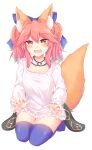  1girl animal_ear_fluff animal_ears blue_bow blue_legwear bow buwad fate/grand_order fate_(series) flat_chest fox_ears fox_girl fox_tail hair_bow heart heart-shaped_pupils highres long_sleeves pink_hair seiza shirt sidelocks sitting solo symbol-shaped_pupils tail tamamo_(fate)_(all) tamamo_no_mae_(fate) thigh-highs twintails white_shirt yellow_eyes younger 