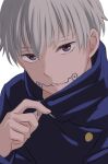  1boy blue_jacket copyright_request facial_mark grey_hair hand_up highres jacket long_sleeves looking_at_viewer male_focus parted_lips sanpaku sekina short_hair simple_background solo upper_body violet_eyes white_background 