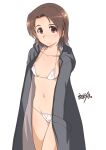  1girl artist_name bangs bikini black_coat breasts brown_eyes brown_hair closed_mouth coat commentary_request cowboy_shot girls_und_panzer hands_in_pockets highres long_coat long_sleeves looking_at_viewer micro_bikini open_clothes open_coat osamada_meika parted_bangs partial_commentary sawa_azusa short_hair signature simple_background small_breasts smile solo standing swimsuit white_background white_bikini 
