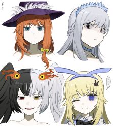  4girls absurdres alice_(black_souls) asdf1211950 black_bow black_bowtie black_hair black_souls black_souls_2 blonde_hair blue_eyes blue_hairband blue_ribbon bow bowtie cinderella_(black_souls) closed_mouth dorothy_(black_souls) grey_eyes grey_hair hair_flaps hair_ornament hair_ribbon hairband half_up_braid hat head_wings heterochromia highres jubjub_(black_souls) long_hair multicolored_hair multiple_girls one_eye_closed orange_hair portrait purple_hat rabbit_hair_ornament red_eyes ribbon sidelocks simple_background sister_alice_(black_souls) smile split-color_hair very_long_hair white_background white_hair wings witch_hat yellow_eyes 
