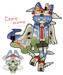  1other ? black_eyes black_shorts closed_eyes closed_mouth clouds collared_shirt crescent_moon full_body hat highres kalawakan moon necktie original red_necktie shirt shorts simple_background sky_print solo white_background white_shirt white_wings winged_footwear wings 