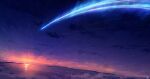  absurdres clouds comet commentary_request evening highres horizon kimi_no_na_wa. lake landscape meteor mountain mountainous_horizon night night_sky no_humans reflection scenery signature sky skyrick9413 star_(sky) sun sunset 