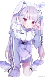 1girl :o absurdres animal_ears animal_hairband apron asatsuki933 bad_leg baggy_socks bandaid bandaid_on_leg belly_chain blunt_bangs bow calflet cattleya_regina_games ear_piercing fake_animal_ears frilled_apron frills gradient_hair grey_hair grey_jacket grey_shorts hair_bow hair_ornament hairpin heart_cheeks highres jacket jersey_maid jewelry kneeling leaning_forward light_blush long_sleeves looking_at_viewer maid maid_apron maid_headdress multicolored_hair multiple_hairpins parted_bangs piercing pink_hair red_eyes shorts sidelocks simple_background sleeves_past_wrists socks solo streaked_hair thick_eyebrows tosaki_mimi tosaki_mimi_(4th_costume) track_jacket twintails unconventional_maid virtual_youtuber vspo! white_apron white_background white_socks 