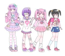  4girls aqua_bow backpack bag bandaged_arm bandages bandaid bandaid_on_arm bandaid_on_leg berrie_(mezzo_piano) black_hair blue_skirt blue_socks blunt_bangs blush bow bow_skirt bowtie boxcutter character_print child choker clothes_writing cloud_print cross cross_print denim denim_skirt dress earrings eyepatch eyewear_on_head ezaki_bisuko fashion food food-themed_earrings frilled_dress frilled_skirt frills fruit glasses hair_bobbles hair_bow hair_ornament hamster_print hamtaro hamtaro_(series) hat heart heart-shaped_eyewear heart_print heart_ring heisei_retro hexagram holding holding_boxcutter hood hood_down hoodie jewelry layered_sleeves long_hair long_sleeves looking_at_viewer loose_socks medical_eyepatch medium_hair mezzo_piano mini_hat multicolored_hair multiple_girls necklace nurse_cap open_clothes open_hoodie original pendant petticoat pill pill_earrings pink_bow pink_eyes pink_footwear pink_hair pink_hoodie pink_sailor_collar pink_serafuku pink_shirt pink_skirt pink_socks plaid_clothes plaid_skirt pleated_skirt pouch print_bag print_dress print_footwear print_shirt print_skirt print_thighhighs purple_bow purple_bowtie purple_footwear purple_hair purple_sailor_collar purple_skirt purple_wristband randoseru red_bag sailor_collar sailor_dress school_uniform scissors_hair_ornament serafuku shirt shoes short_hair short_sleeves short_twintails sidelocks simple_background skirt smile sneakers socks solo_focus split-color_hair standing star_(symbol) star_necklace strawberry strawberry_earrings striped_clothes striped_sleeves striped_socks stuffed_toy sunglasses t-shirt tamagotchi tamagotchi_(classic) tamagotchi_(virtual_pet) thermometer thigh-highs twintails two-tone_hair two-tone_skirt two-tone_socks unicorn_print violet_eyes white_background white_dress white_hat white_socks white_thighhighs wing_hair_ornament winged_footwear yami_kawaii yellow_bag yellow_bow yume_kawaii zettai_ryouiki 