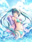  1girl :d ahoge aqua_eyes aqua_hair bangs bare_shoulders bikini blush breasts clouds cloudy_sky cowboy_shot day eyebrows_visible_through_hair front-tie_bikini front-tie_top hatsune_miku highres index_finger_raised jacket long_hair long_sleeves looking_at_viewer matsuuni medium_breasts navel o-ring o-ring_bikini o-ring_bottom off_shoulder open_clothes open_jacket open_mouth outdoors purple_jacket ribbon sky smile solo stomach swimsuit twintails upper_teeth very_long_hair vocaloid water white_ribbon 