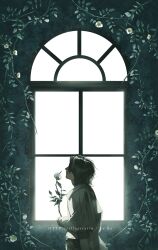  1boy black_hair collared_shirt flower highres holding holding_flower long_sleeves male_focus original plant rido_(ridograph) rose shirt short_hair solo vines web_address white_flower white_rose white_shirt window 