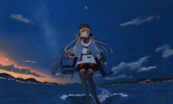  1girl belt black_hat black_skirt black_thighhighs blue_shawl brown_eyes brown_hair buoy city_lights clouds collared_shirt commentary_request commission dress_shirt feet_out_of_frame fingerless_gloves fur_hat gloves hair_ornament hairclip hat highres jacket kantai_collection kuragare long_hair long_sleeves looking_to_the_side mixed-language_commentary mountain night on_water papakha partial_commentary red_shirt ribbon ribbon_trim rigging russian_commentary scarf shawl shirt sidelocks skeb_commission skirt solo standing star_(sky) sunset tashkent_(kancolle) thigh-highs torpedo_launcher turret twintails white_jacket white_ribbon white_scarf zettai_ryouiki 