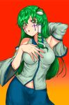  1girl arm_up armpits babus_(nicoseiga56306120) bangs blue_skirt collared_shirt commentary cookie_(touhou) cowboy_shot cross facepaint frog_hair_ornament gradient gradient_background green_hair hair_ornament hair_tubes hand_on_breast highres kochiya_sanae long_hair looking_at_viewer nontraditional_miko open_mouth orange_background paseri_(cookie) shirt skirt sleeveless sleeveless_shirt snake_hair_ornament solo touhou white_shirt yellow_eyes 