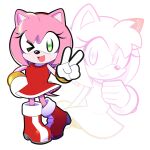  &gt;_o 1girl :d amy_rose animal_ears artsy-rc boots dress furry gloves hand_up happy hedgehog_ears hedgehog_girl hedgehog_tail highres jewelry looking_at_viewer medium_hair multiple_views one_eye_closed open_mouth pink_hair red_dress red_footwear signature smile sonic_(series) symbol_commentary v white_gloves 