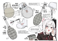  1girl absurdres black_scrunchie blue_archive explosive flukhan grenade hair_ornament hair_scrunchie halo highres holding holding_grenade korean_text mine_(weapon) mutsuki_(blue_archive) purple_halo red_halo red_skirt reference_sheet scrunchie side_ponytail skirt violet_eyes weapon_focus white_hair 