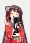  animal black_cat black_hair cat closed_eyes facing_viewer flower hair_bun hair_flower hair_ornament holding holding_animal holding_cat japanese_clothes kasumi_(sennen_sensou_aigis) kimono long_hair red_kimono red_nails sennen_sensou_aigis standing tadayou_kemuri upper_body 