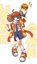  1girl :d ahoge arm_up blunt_bangs brown_hair burger clenched_hand commentary_request double_cheese_(mcdonald's) food happy headset highres hiisu_(s-1104-d) holding holding_food jacket looking_at_viewer mcdonald's necktie open_clothes open_jacket open_mouth shirt shoes short_sleeves shorts smile socks solo striped_clothes striped_shirt tie_clip twintails vertical-striped_clothes vertical-striped_shirt visor_cap white_socks wristband yellow_jacket 