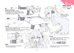  1girl absurdres angel_wings assault_rifle azusa_(blue_archive) blue_archive feathered_wings flower flukhan gun hair_flower hair_ornament halo highres holding holding_gun holding_weapon korean_text m4_carbine reference_sheet rifle weapon weapon_focus wings yellow_halo 