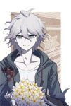  1boy bangs bouquet brown_background collarbone commentary_request dangan_ronpa_(series) dangan_ronpa_2:_goodbye_despair flower hair_between_eyes highres holding holding_bouquet holding_flower jacket komaeda_nagito looking_at_viewer male_focus messy_hair open_clothes open_jacket pale_skin shirt short_hair smile solo twitter_username upper_body white_background white_flower white_shirt yellow_flower ziling 