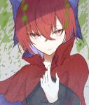  1girl bangs blue_bow blurry blurry_foreground bow bright_pupils cloak eyebrows_visible_through_hair grey_background hair_between_eyes hair_bow hegata_(hegatia_lapis) highres long_sleeves looking_at_viewer open_mouth plant red_eyes redhead sekibanki short_hair solo touhou upper_body white_pupils 