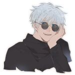  1boy gojou_satoru grey_hair hair_between_eyes head_rest high_collar jujutsu_kaisen looking_at_viewer male_focus namahamu_(hmhm_81) open_mouth short_hair silver_hair smile solo sunglasses turtleneck white_hair 