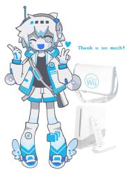  1other adoptable black_shirt blue_footwear cd closed_mouth colored_skin controller full_body game_console game_controller gloves hands_up headphones headset highres jacket kalawakan looking_at_viewer microphone nintendo one_eye_closed original shirt shoes short_hair shorts smile socks solo w white_eyes white_gloves white_hair white_jacket white_shorts white_skin white_socks wii wii_remote winged_footwear 
