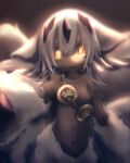  1girl animal_ears arm_at_side bangs breasts dark-skinned_female dark_skin extra_arms faputa glowing glowing_eyes goggles goggles_around_neck hair_between_eyes highres long_hair looking_at_viewer made_in_abyss marudoll monster_girl navel no_nipples nude outstretched_arm reaching_out solo upper_body white_hair yellow_eyes 