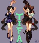  2girls alex_ahad alternate_costume arm_behind_head arm_up black_legwear black_skirt blue_dress blue_footwear boots brown_eyes brown_footwear brown_hair character_name covered_nipples cowboy_boots cowboy_hat crop_top dress dual_persona earrings final_fantasy final_fantasy_vii final_fantasy_vii_remake full_body gloves hat highres jewelry long_hair low-tied_long_hair multiple_girls one_eye_closed red_footwear skirt sleeveless sleeveless_dress smile stomach stretch suspender_skirt suspenders tank_top thigh-highs tifa_lockhart white_tank_top 