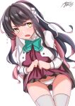  1girl absurdres ass_visible_through_thighs ayuman black_hair blazer breasts brown_eyes cowboy_shot dated dress grey_legwear hair_down hairband halterneck highres jacket kantai_collection large_breasts lifted_by_self long_hair multicolored_hair naganami_(kancolle) panties pink_hair pleated_dress purple_dress remodel_(kantai_collection) school_uniform signature simple_background solo thigh-highs thigh_gap two-tone_hair underwear wavy_hair white_background white_hairband white_panties 