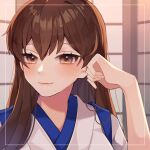  1girl alternate_hairstyle brown_eyes brown_hair close-up commentary_request hair_down japanese_clothes kaga_(kancolle) kantai_collection kozu_(bloomme1_me) lips long_hair looking_at_viewer smile solo tasuki upper_body 
