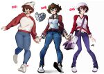  1girl :o absurdres artist_progress bag bangs breasts bright_pupils brown_eyes brown_hair denim english_commentary floating_hair glasses highres jeans large_breasts looking_at_viewer looking_to_the_side looking_up medium_breasts multiple_views navel open_hands open_mouth original pants red_sweater school_bag short_hair snowcie snowciel sweater two-tone_sweater white_background white_footwear white_pupils white_sweater 