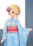  1girl blonde_hair blue_eyes blue_kimono eyebrows_visible_through_hair floral_print glasses hair_ornament highres japanese_clothes kanzashi kimono looking_at_viewer nogami_(minamiituki) obi obiage obijime open_mouth original print_kimono red-framed_eyewear sash short_hair signature sleeve_hold solo yukata 