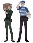  2boys adjusting_clothes adjusting_headwear alternate_costume arm_up bad_proportions baseball_cap belt belt_pouch black_footwear black_pants blue_eyes blue_shirt box carrying_over_shoulder carrying_under_arm collared_shirt facial_mark gojou_satoru green_pants green_shirt grey_eyes hat highres holding holding_box ichiru_(ic_kloud) itadori_yuuji jujutsu_kaisen long_legs looking_at_viewer male_focus multicolored_hair multiple_boys open_mouth pants pink_hair pouch shirt shirt_tucked_in shoes short_hair short_sleeves simple_background smile sneakers standing striped striped_shirt two-tone_hair undercut vertical-striped_shirt vertical_stripes white_background white_hair 