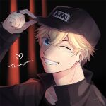  1boy ;d baseball_cap black_background black_headwear black_shirt blonde_hair blue_eyes dated ear_piercing earrings hand_up hat iku_(yu851024) jewelry long_sleeves looking_at_viewer love_and_producer male_focus one_eye_closed open_mouth piercing ring shirt signature smile solo stud_earrings sweat thank_you upper_body zhou_quiluo 