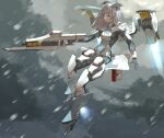  1girl android aqua_eyes armor bayonet bodysuit breasts commentary_request flying gun headgear highres hispol_(04-uma-alpha) holding holding_gun holding_weapon medium_hair missile_pod original rain rifle science_fiction small_breasts solo thrusters weapon white_hair wings 