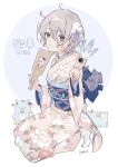  1girl flower full_body grey_eyes grey_hair hair_between_eyes hair_flower hair_ornament hand_up highres horiizumi_inko japanese_clothes kimono looking_at_viewer obi original print_kimono sash short_hair sitting solo v white_flower 