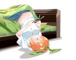  1girl bangs bed blue_eyes blue_pants blush breasts cellphone closed_mouth commentary_request go-toubun_no_hanayome green_ribbon hair_ribbon highres looking_at_phone lying midriff nakano_yotsuba navel nel_dcm on_back on_bed on_floor orange_hair pants phone ribbon shirt short_hair short_sleeves simple_background smartphone solo white_background white_shirt 